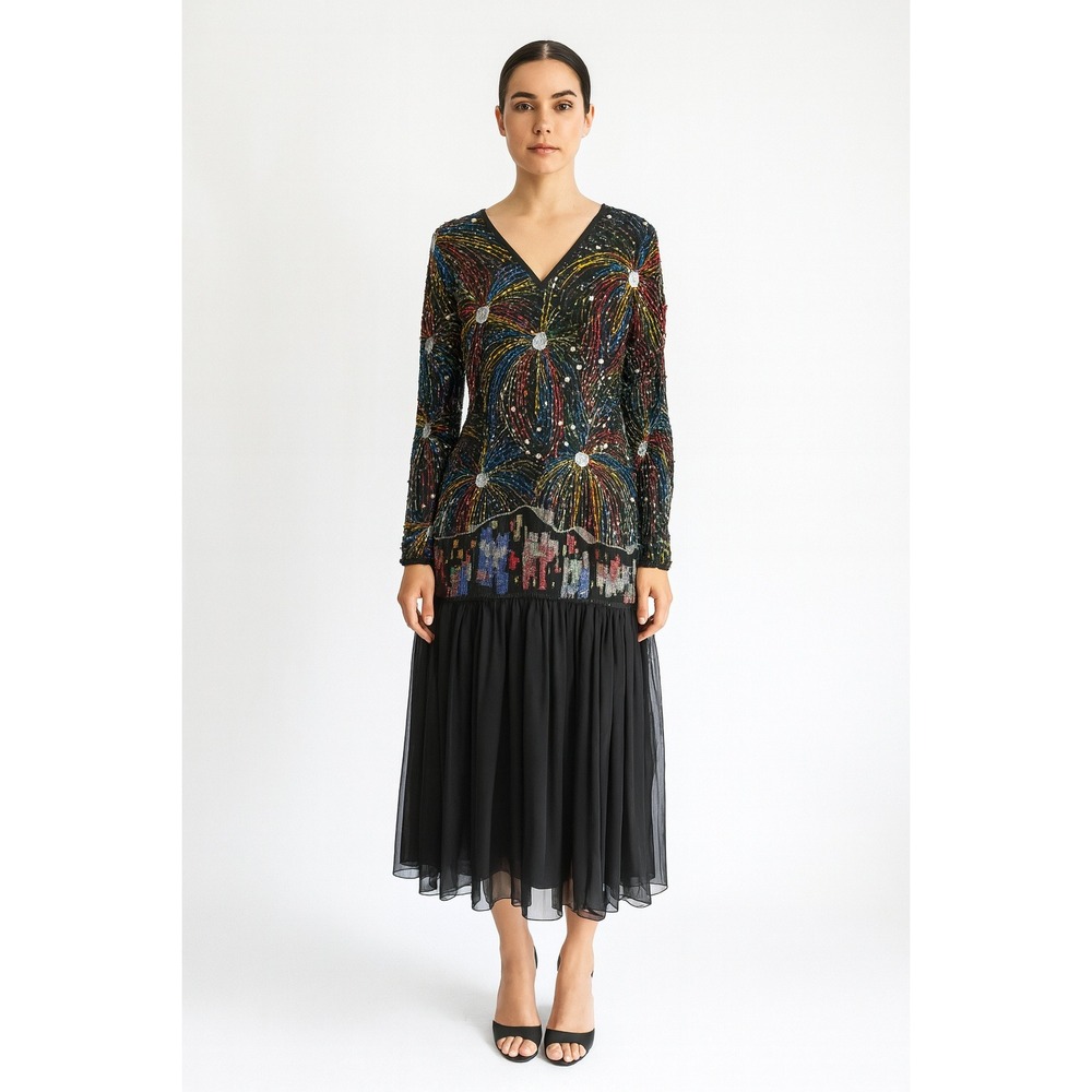 Judith Ann Creations‎ vtg black silk hand beaded fireworks dress S-M